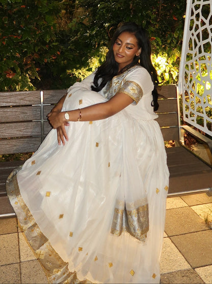 Exquisite Habesha Kemis Online Traditional Ethiopian & Eritrean Dress with Handwoven Gold Accents 1020