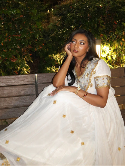 Exquisite Habesha Kemis Online Traditional Ethiopian & Eritrean Dress with Handwoven Gold Accents 1020