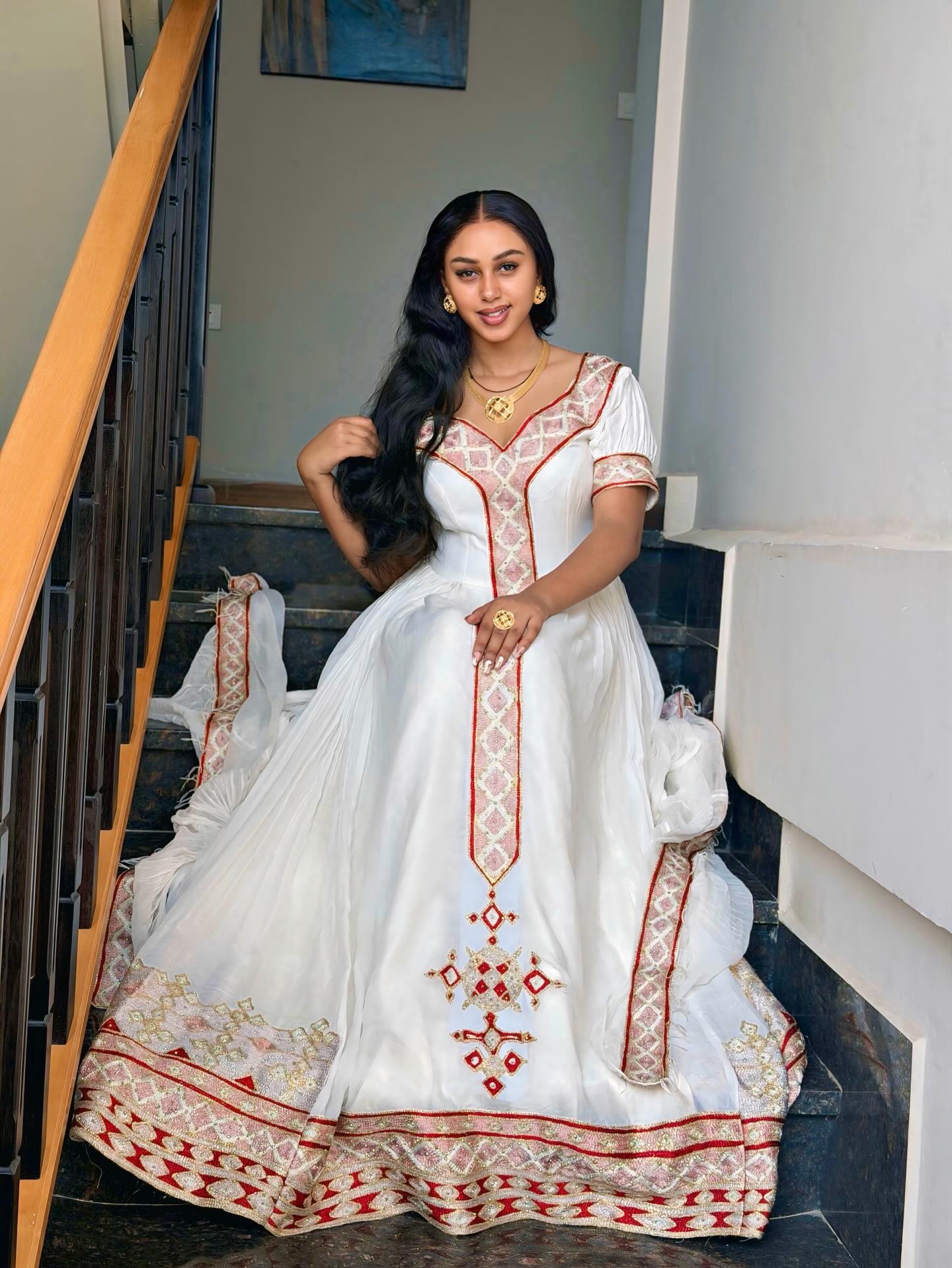 Magnificent Handwoven Habesha Kemis Crimson Tibeb Embellishment Habesha Dress and Flowing Heritage Silhouette 1021