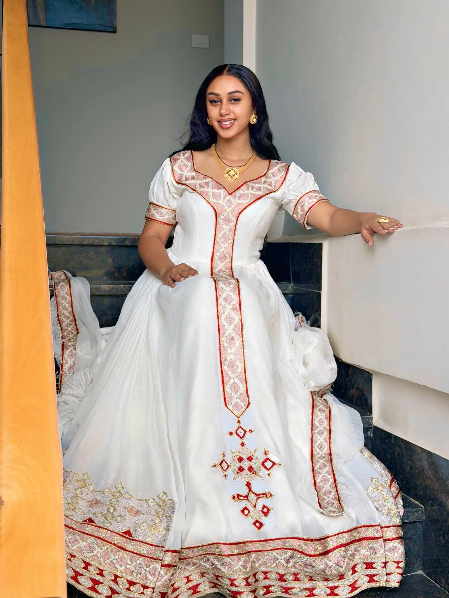 Magnificent Handwoven Habesha Kemis Crimson Tibeb Embellishment Habesha Dress and Flowing Heritage Silhouette 1021