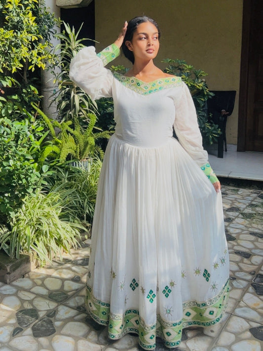 Graceful Emerald Tibeb Habesha Kemis with Ethereal Flowing Traditional Ethiopian Elegance