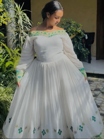 Graceful Emerald Tibeb Habesha Kemis Ethereal Flowing Traditional Ethiopian Dress Festive Habesha Dress 1022