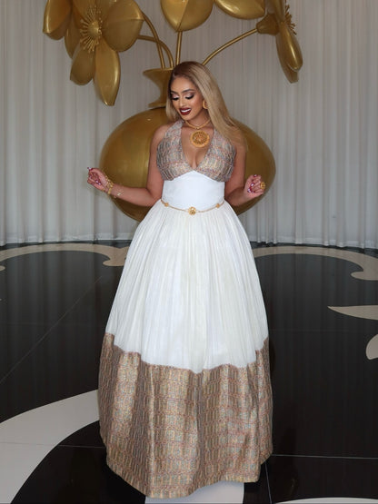 Regal Gold-Woven Habesha Kemis Luxurious Heritage Weaving Habesha Dress Timeless Ethiopian Clothing 1023