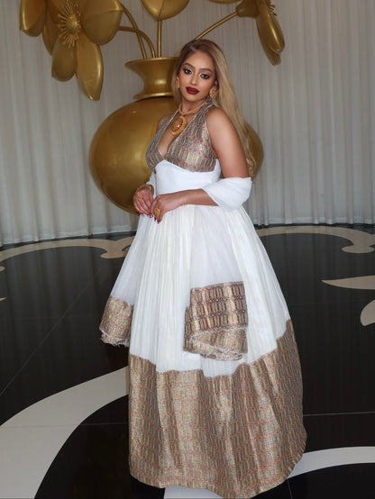 Regal Gold-Woven Habesha Kemis Luxurious Heritage Weaving Habesha Dress Timeless Ethiopian Clothing 1023