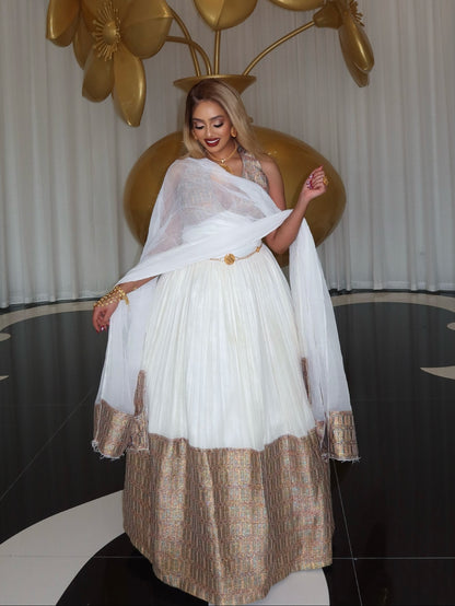 Regal Gold-Woven Habesha Kemis Luxurious Heritage Weaving Habesha Dress Timeless Ethiopian Clothing 1023