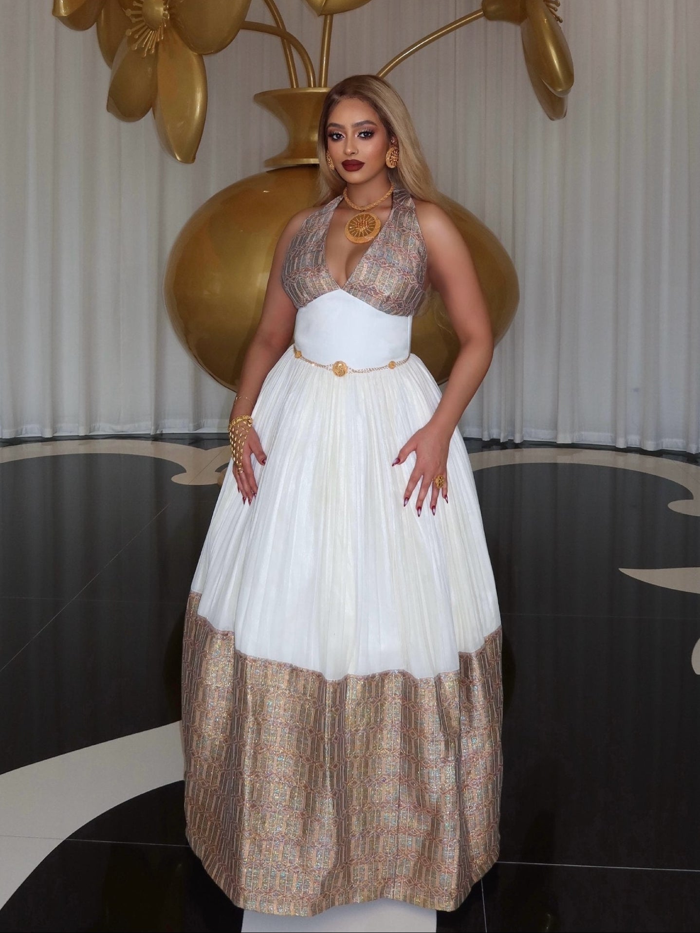 Regal Gold-Woven Habesha Kemis Luxurious Heritage Weaving Habesha Dress Timeless Ethiopian Clothing 1023