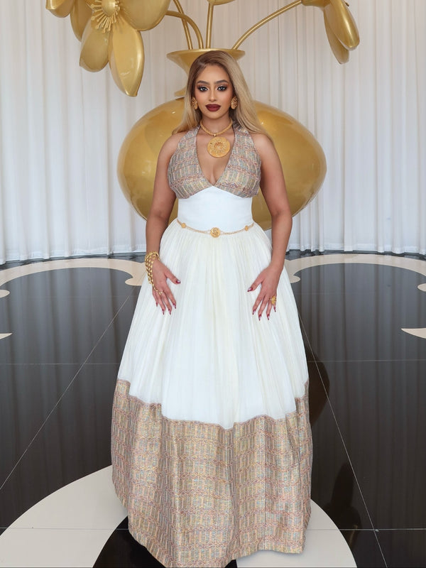 Regal Gold-Woven Habesha Kemis Luxurious Heritage Weaving Habesha Dress Timeless Ethiopian Clothing 1023