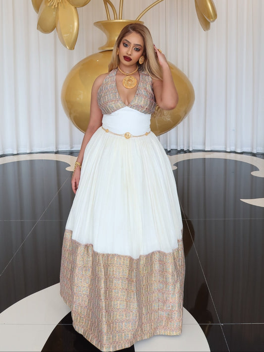 Regal Gold-Woven Habesha Kemis Luxurious Heritage Weaving
