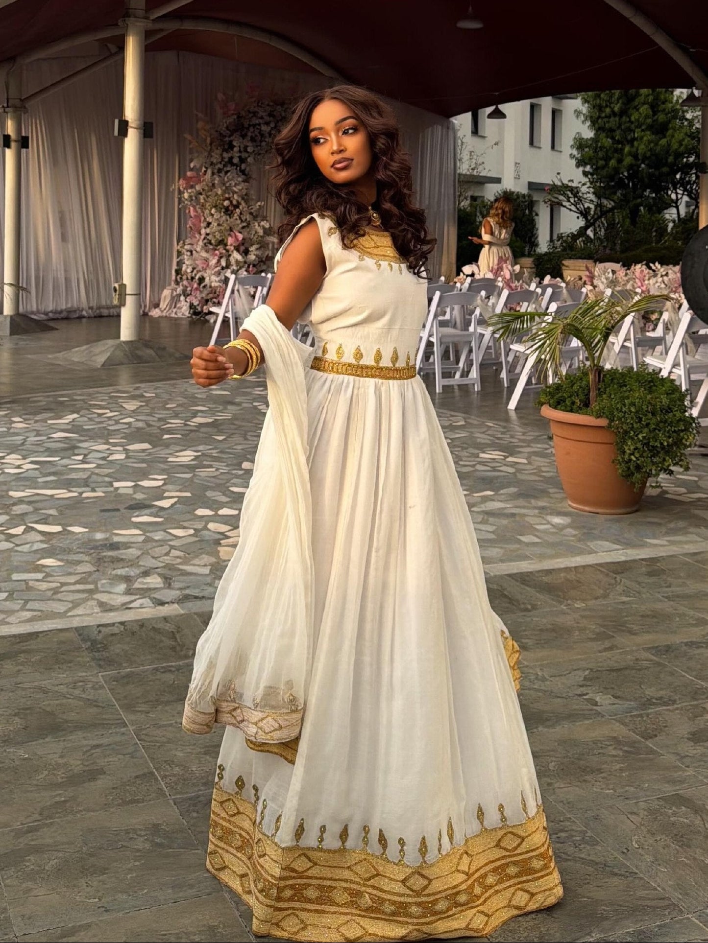 Sleeveless Habesha Dress Metallic Gold Neck Bib And Gold waist Ethiopian Clothing 1024