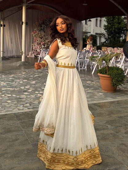 Sleeveless Habesha Dress Metallic Gold Neck Bib And Gold waist Ethiopian Clothing 1024