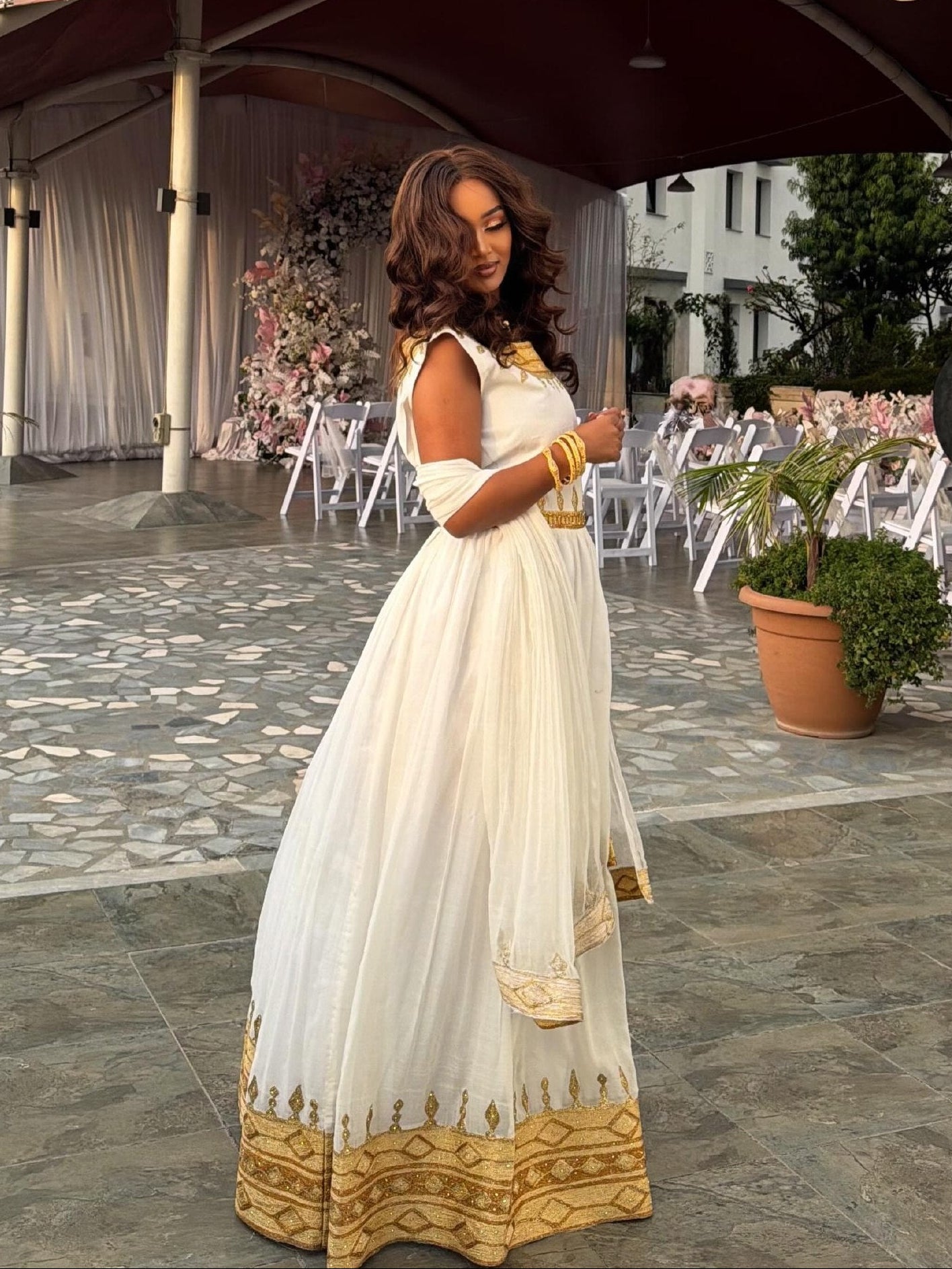 Sleeveless Habesha Dress Metallic Gold Neck Bib And Gold waist Ethiopian Clothing 1024
