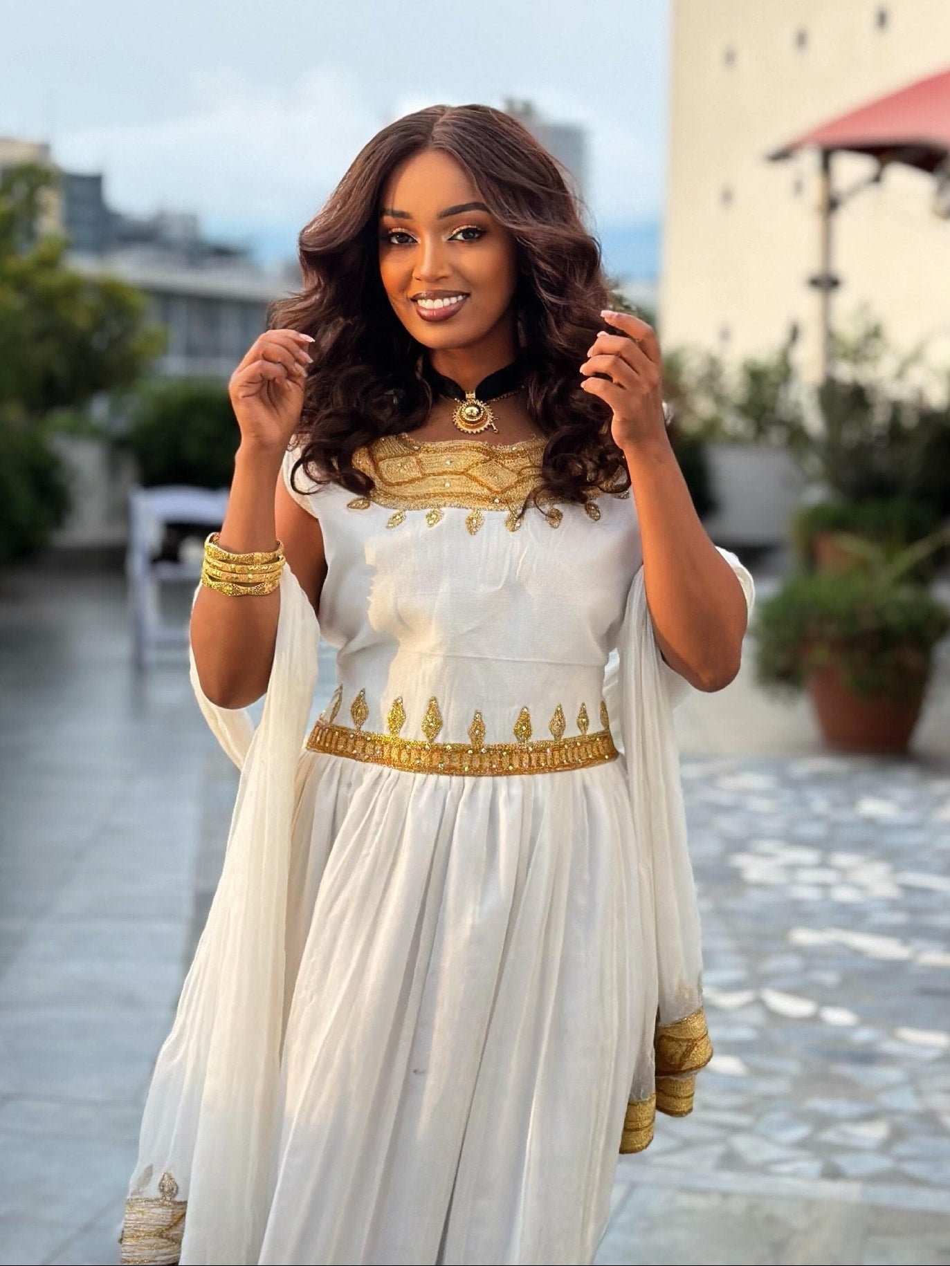 Sleeveless Habesha Dress Metallic Gold Neck Bib And Gold waist Ethiopian Clothing 1024