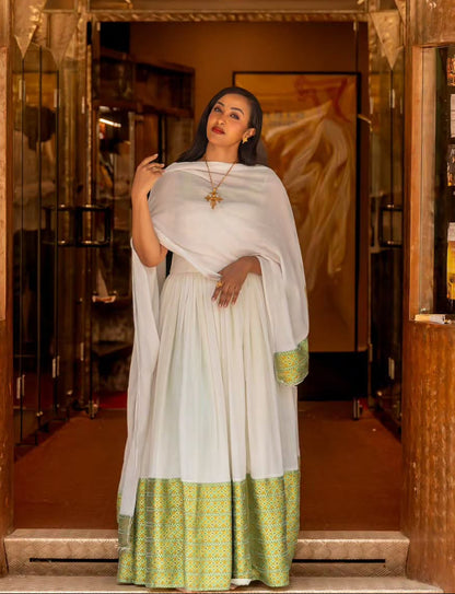 Ethiopian Traditional Dress With Shimmering Green & Gold Charming Habesha Dress 1026