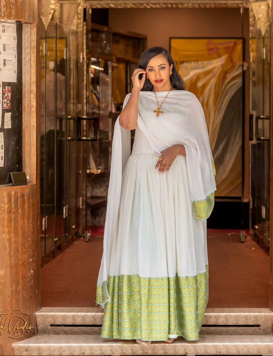 Ethiopian Traditional Dress With Shimmering Green & Gold Charming Habesha Dress 1026