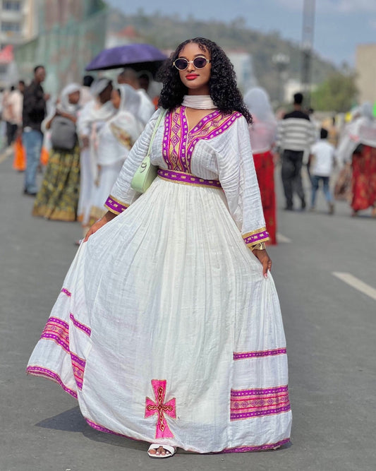 White Embroidered Habesha Kemis for Women Ethiopian Cultural Dress