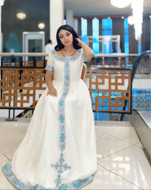 Authentic Sky Blue Habesha Kemis Handmade Ethiopian Cultural Dress