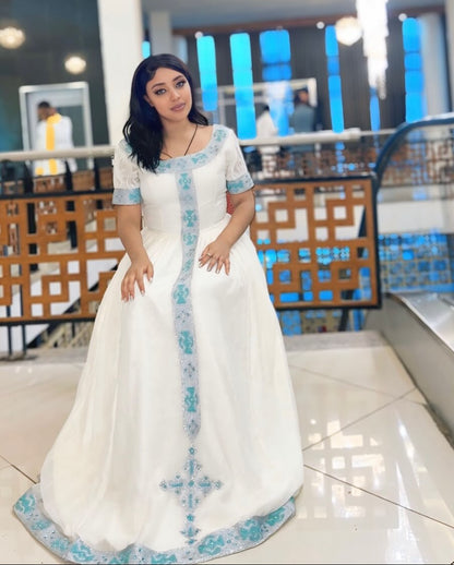 Sky Blue Embroidered Habesha Kemis  Ethiopian Cultural Dress for Women Stunning Habesha Dress 1029