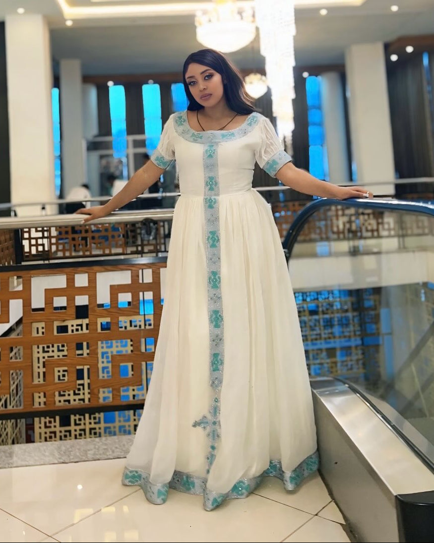 Sky Blue Embroidered Habesha Kemis  Ethiopian Cultural Dress for Women Stunning Habesha Dress 1029