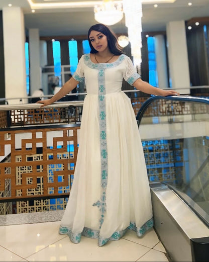 Sky Blue Embroidered Habesha Kemis  Ethiopian Cultural Dress for Women Stunning Habesha Dress 1029