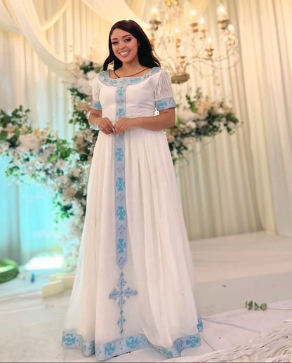 Sky Blue Embroidered Habesha Kemis  Ethiopian Cultural Dress for Women Stunning Habesha Dress 1029