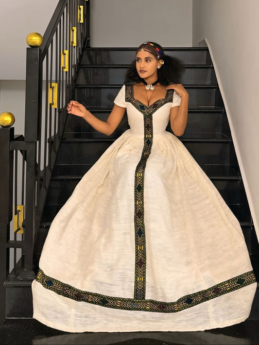 Authentic Ethiopian Heritage Dress with Black Woven Tibeb Premium Habesha Kemis 