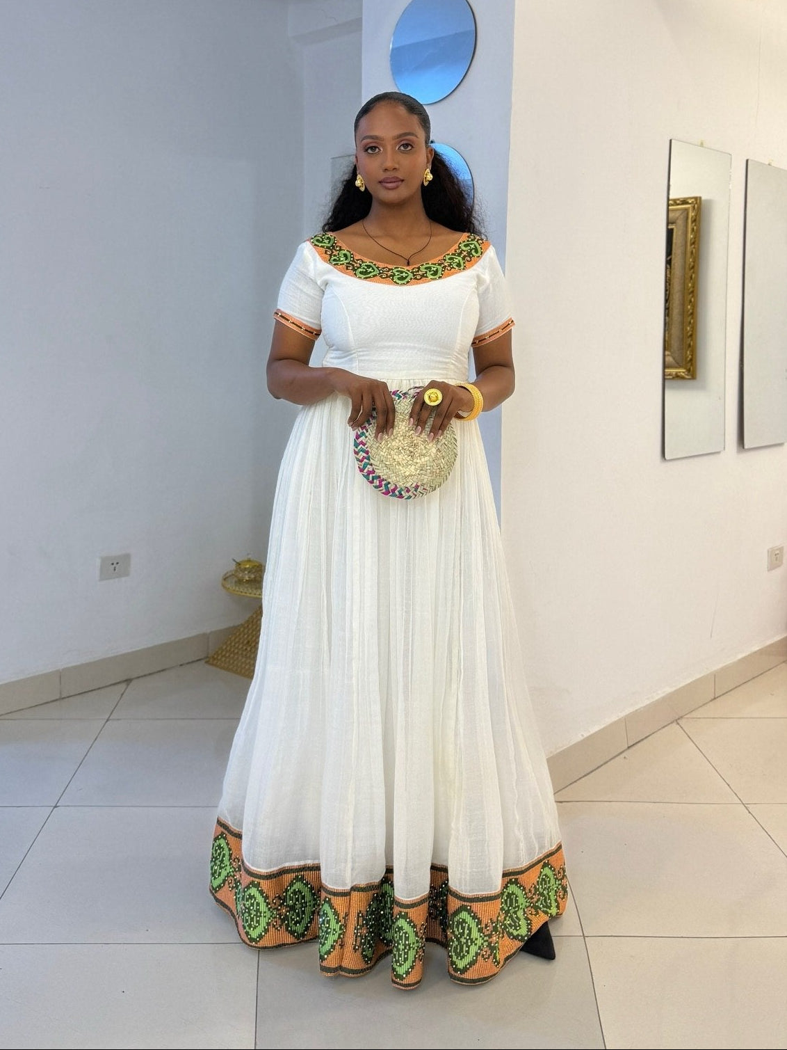 Vibrant Green And Coral 0range Habesha Dress Scoop Neck Tilf Trim Habesha Kemis  1032