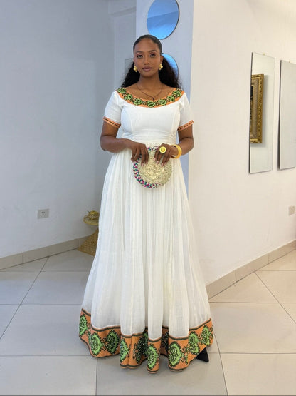 Vibrant Green And Coral 0range Habesha Dress Scoop Neck Tilf Trim Habesha Kemis  1032