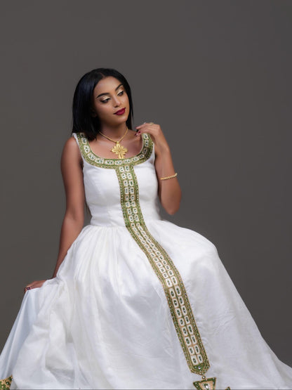 Sleeveless Habesha Dress Olive Green And Gold Cross Tilf Ethiopian Dress Charming Habesha Kemis 1033