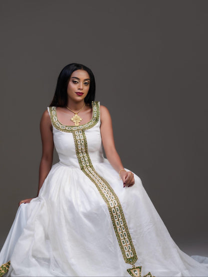 Sleeveless Habesha Dress Olive Green And Gold Cross Tilf Ethiopian Dress Charming Habesha Kemis 1033