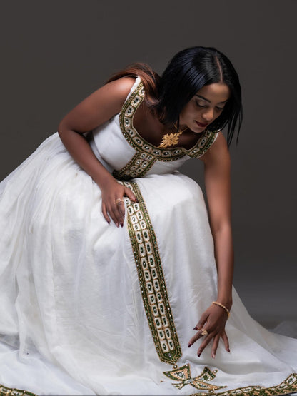 Sleeveless Habesha Dress Olive Green And Gold Cross Tilf Ethiopian Dress Charming Habesha Kemis 1033