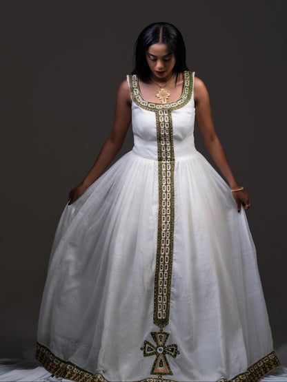 Sleeveless Habesha Dress Olive Green And Gold Cross Tilf Ethiopian Dress Charming Habesha Kemis 1033