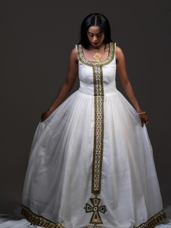 Sleeveless Habesha Dress Olive Green And Gold Cross Tilf Ethiopian Dress Charming Habesha Kemis 1033