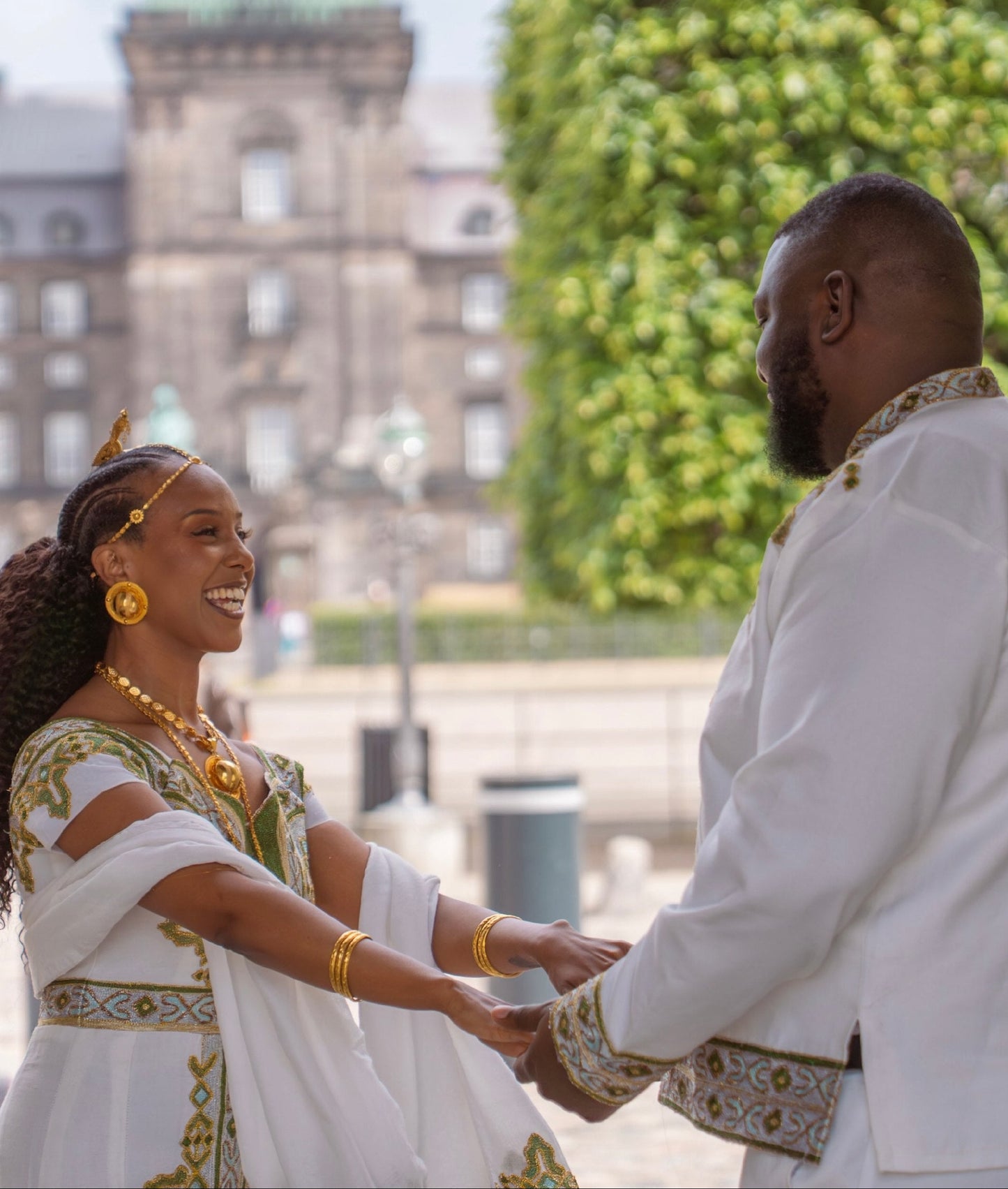 Majestic Gold And Green Ethiopian Couple Outfit Set Luxury Habesha Matching Attire 1034