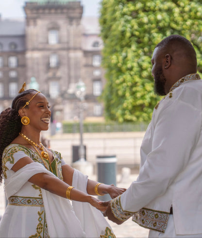 Majestic Gold And Green Ethiopian Couple Outfit Set Luxury Habesha Matching Attire 1034