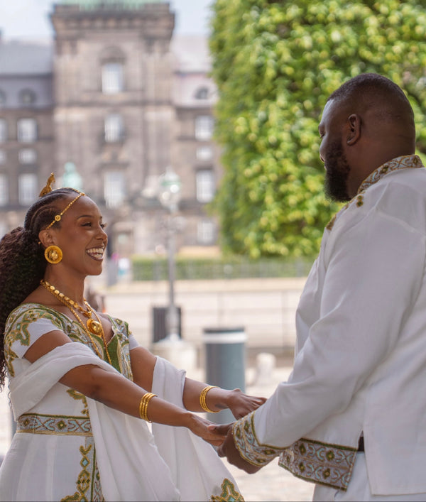 Majestic Gold And Green Ethiopian Couple Outfit Set Luxury Habesha Matching Attire 1034