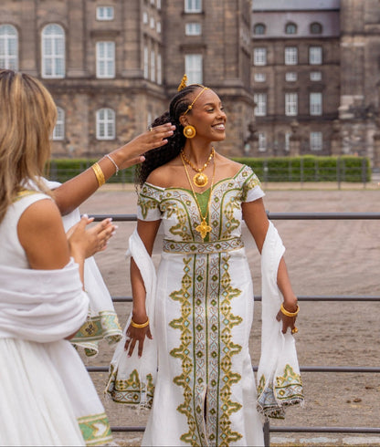 Majestic Gold And Green Ethiopian Couple Outfit Set Luxury Habesha Matching Attire 1034