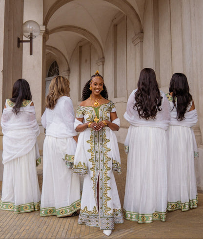 Majestic Gold And Green Ethiopian Couple Outfit Set Luxury Habesha Matching Attire 1034