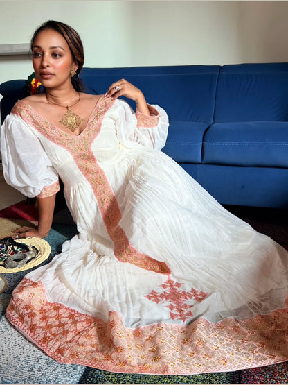 Soft Blush Pink And Gold Habesha Dress Puff Short Sleeves Ethiopian Dress And Habesha Cloth Details 1035