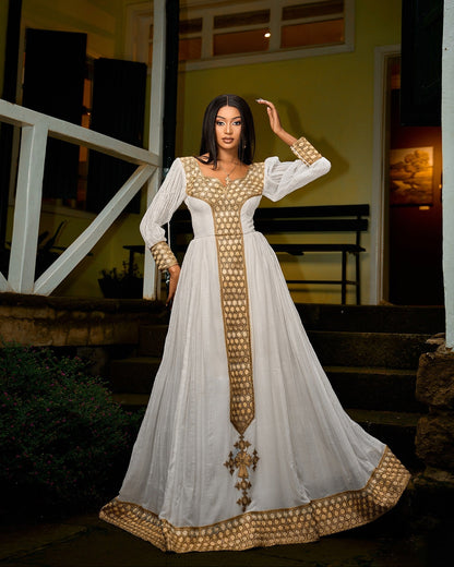 Royal Gold Ethiopian Traditional Dress Metallic Lattice Tilf Panel Habesha Kemis Details 1036
