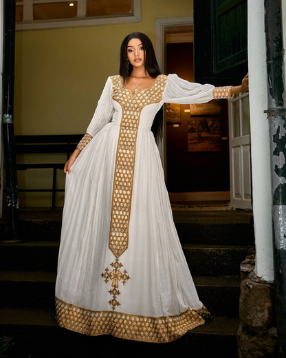 Royal Gold Ethiopian Traditional Dress Metallic Lattice Tilf Panel Habesha Kemis Details 1036