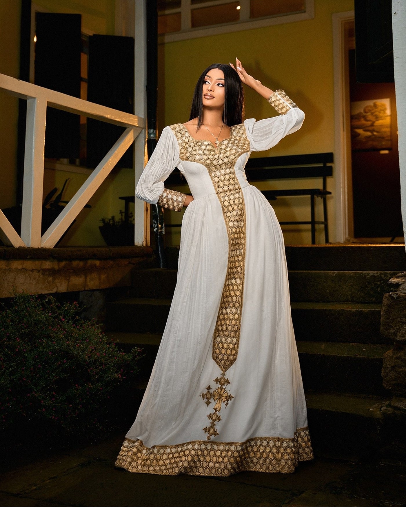 Royal Gold Ethiopian Traditional Dress Metallic Lattice Tilf Panel Habesha Kemis Details 1036