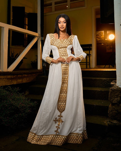 Royal Gold Ethiopian Traditional Dress Metallic Lattice Tilf Panel Habesha Kemis Details 1036