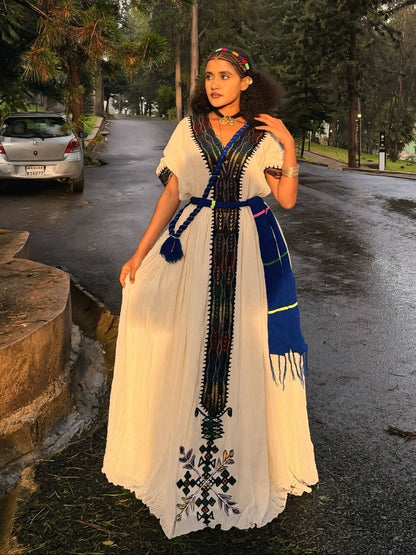 Royal Blue And Black Habesha Dress Braided Belt Accent Habesha Kemis Ethiopian Dress Cloth Motifs 1038