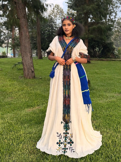 Royal Blue And Black Habesha Dress Braided Belt Accent Habesha Kemis Ethiopian Dress Cloth Motifs 1038