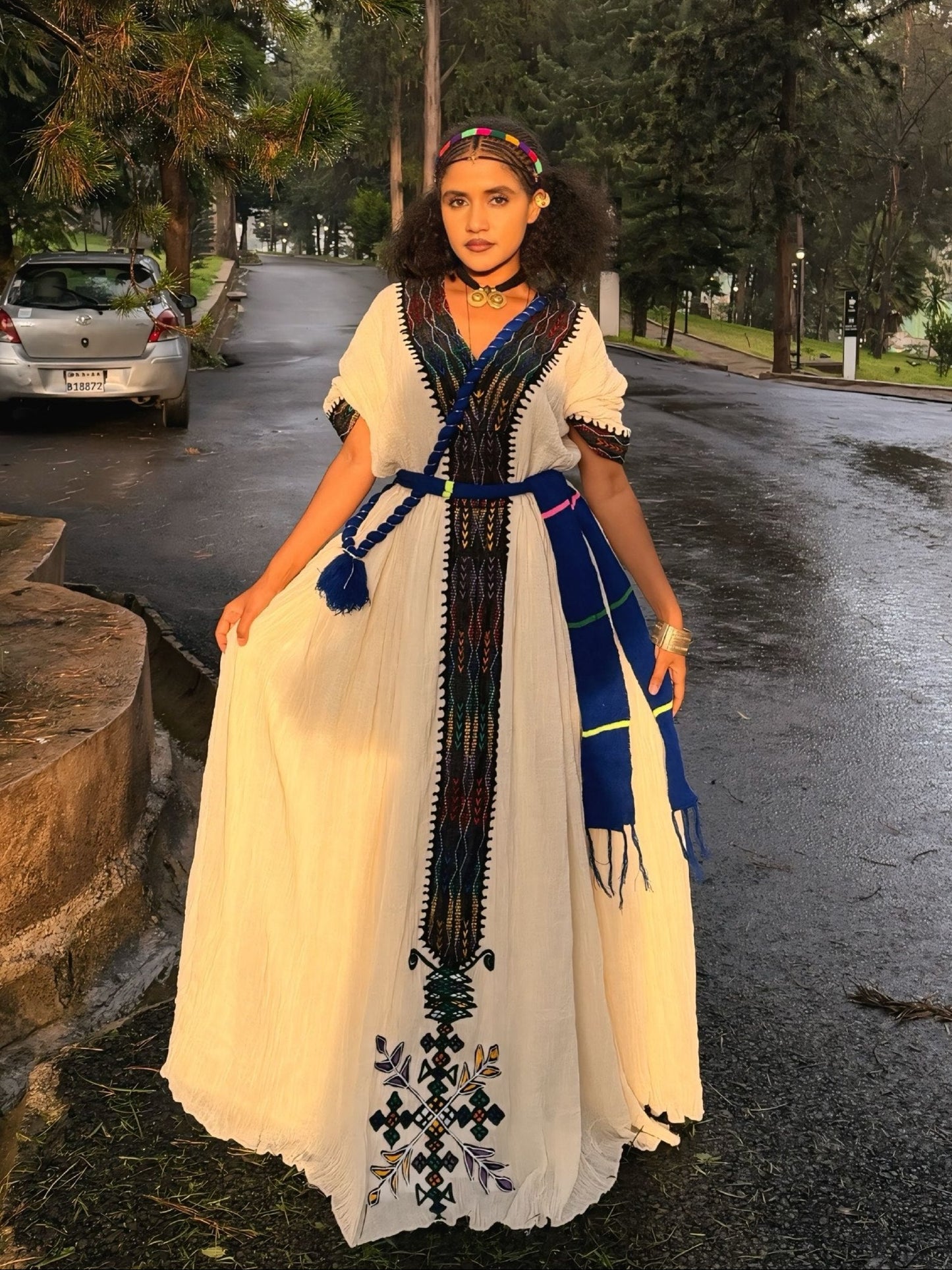Royal Blue And Black Habesha Dress Braided Belt Accent Habesha Kemis Ethiopian Dress Cloth Motifs 1038