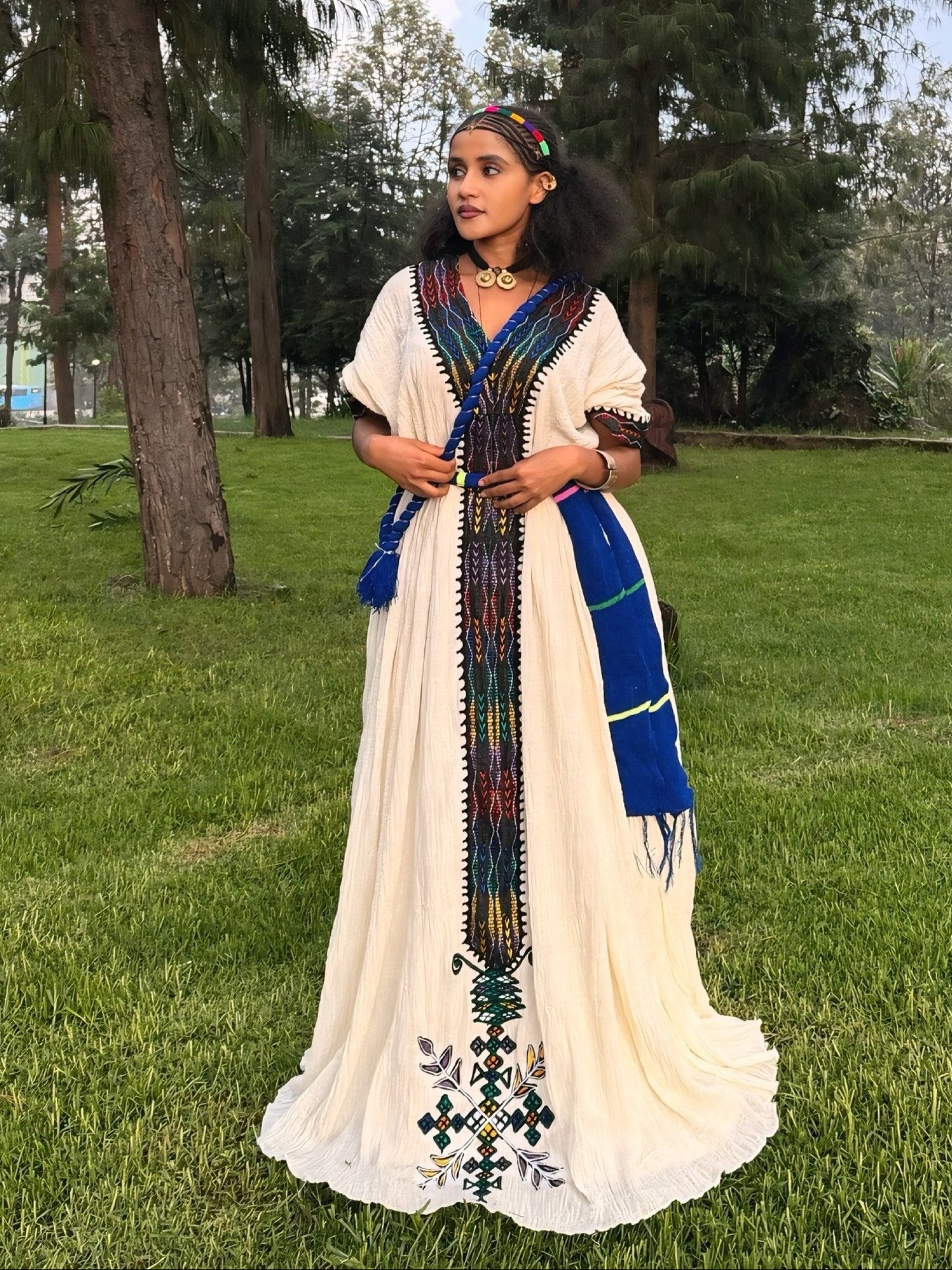 Royal Blue And Black Habesha Dress Braided Belt Accent Habesha Kemis Ethiopian Dress Cloth Motifs 1038