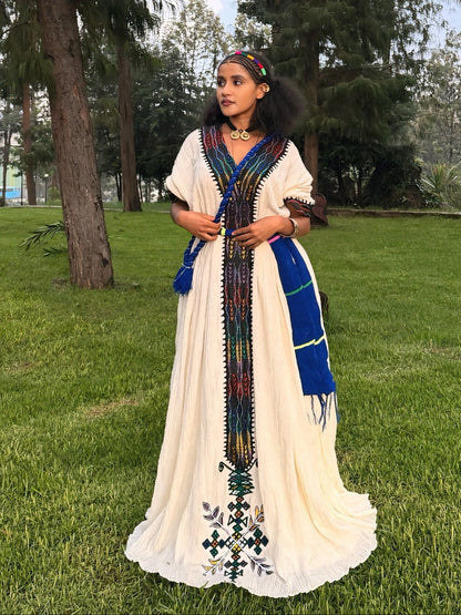 Royal Blue And Black Habesha Dress Braided Belt Accent Habesha Kemis Ethiopian Dress Cloth Motifs 1038