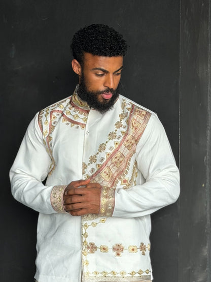 Royal Gold And Rose Pink Ethiopian Men Traditional Shirt With Asymmetric Embroidery 1039