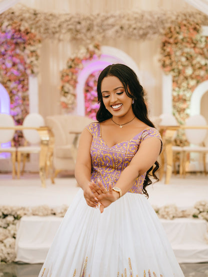 Royal Lavender And Gold Traditional Ethiopian Wedding Dress Fitted Corset Bodice Habesha Kemis 1040