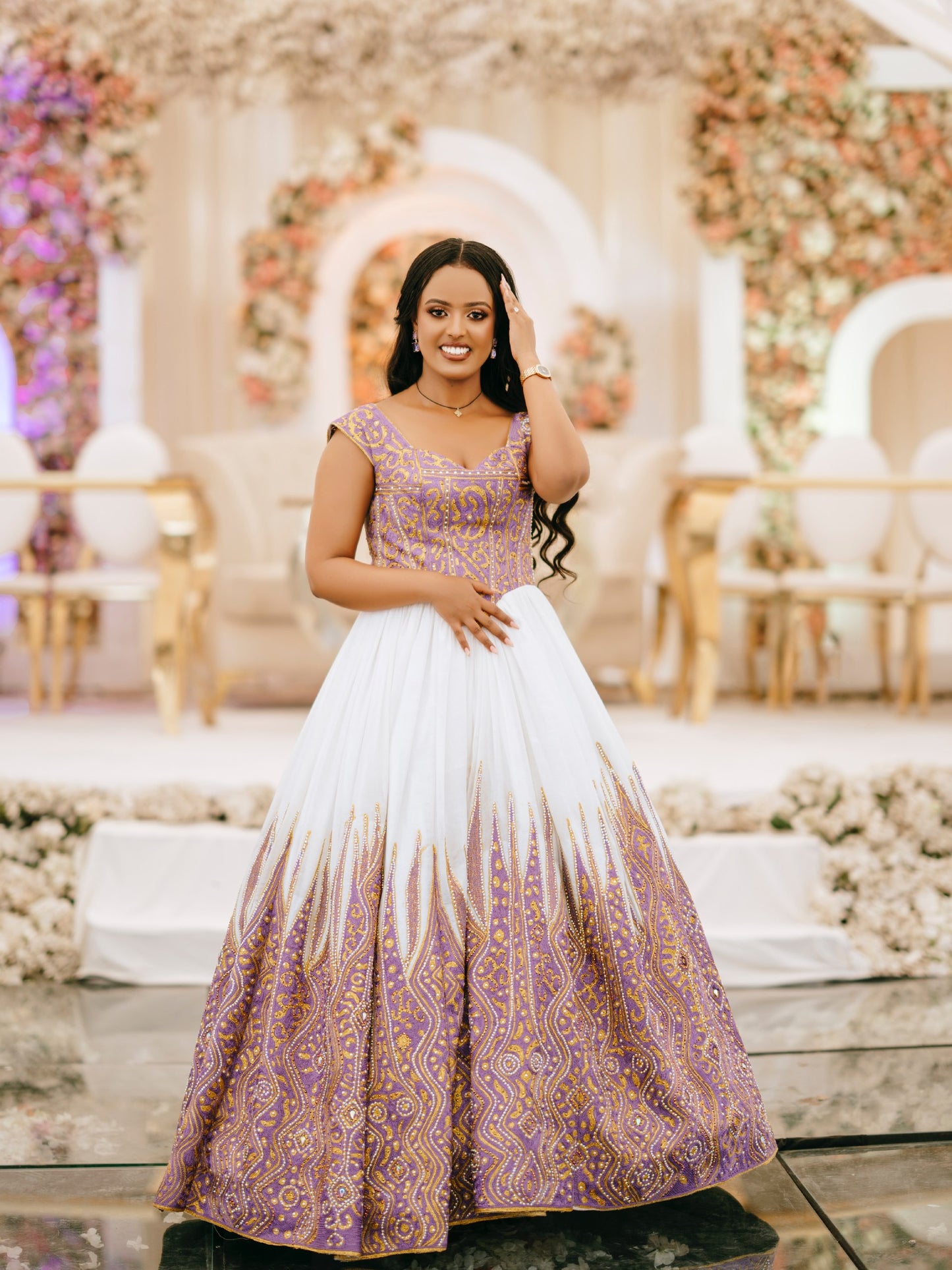 Royal Lavender And Gold Traditional Ethiopian Wedding Dress Fitted Corset Bodice Habesha Kemis 1040